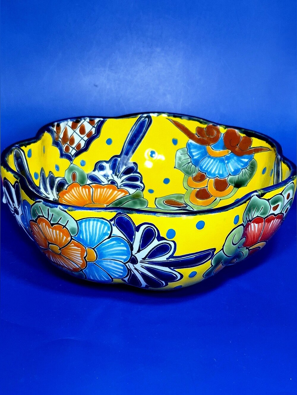 Vibrant Mexican Talavera Scalloped Ceramic Serving Bowl - 9" Like New